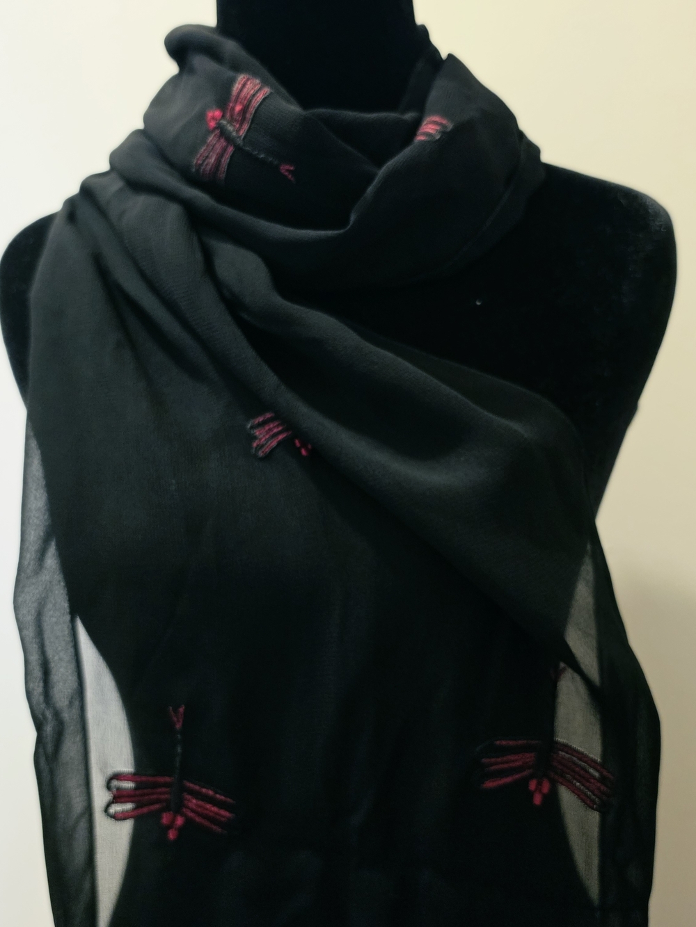Black Sheer Scarf with Red Embroidered Dragonfly Whimsigoth